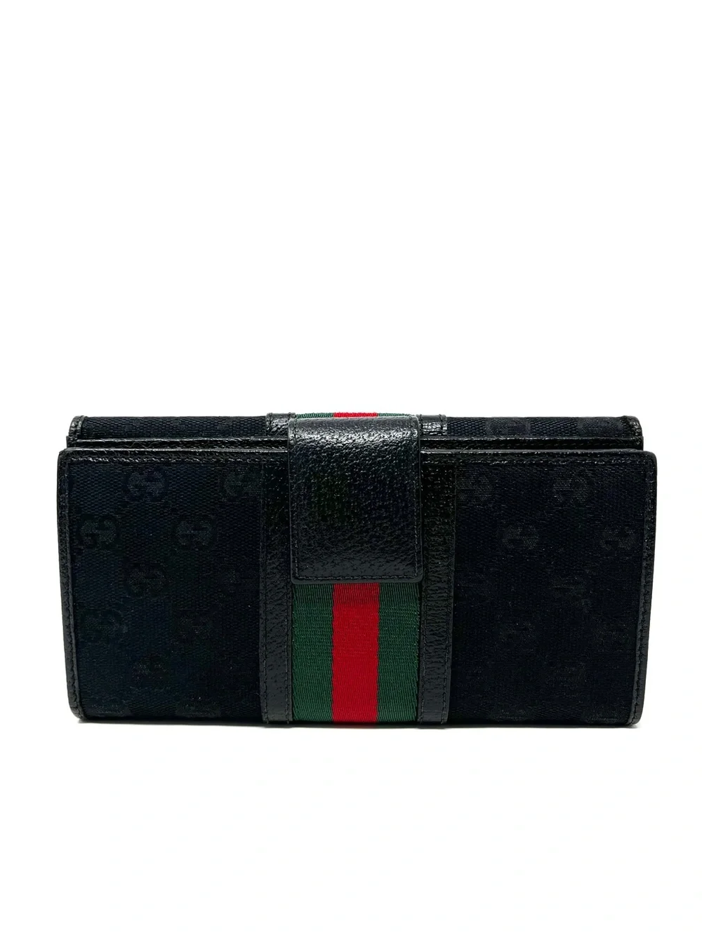 Authentic Gucci Black GG Logo Monogram Canvas Leather Long Bifold Card Wallet
